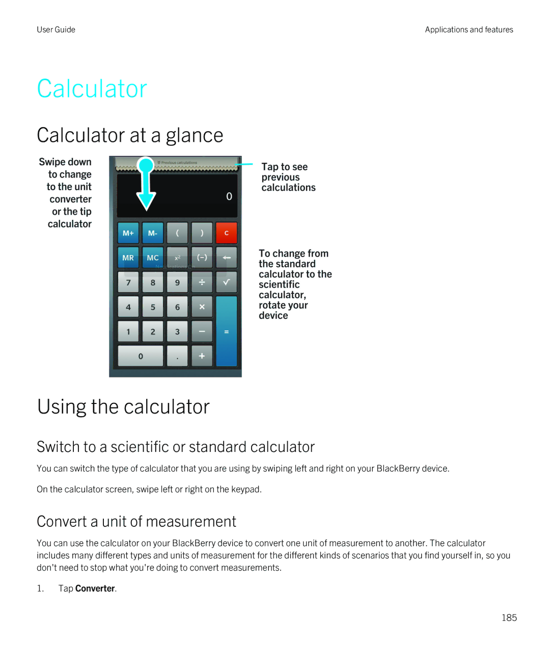 Blackberry Z30 manual Calculator at a glance Using the calculator, Switch to a scientific or standard calculator 