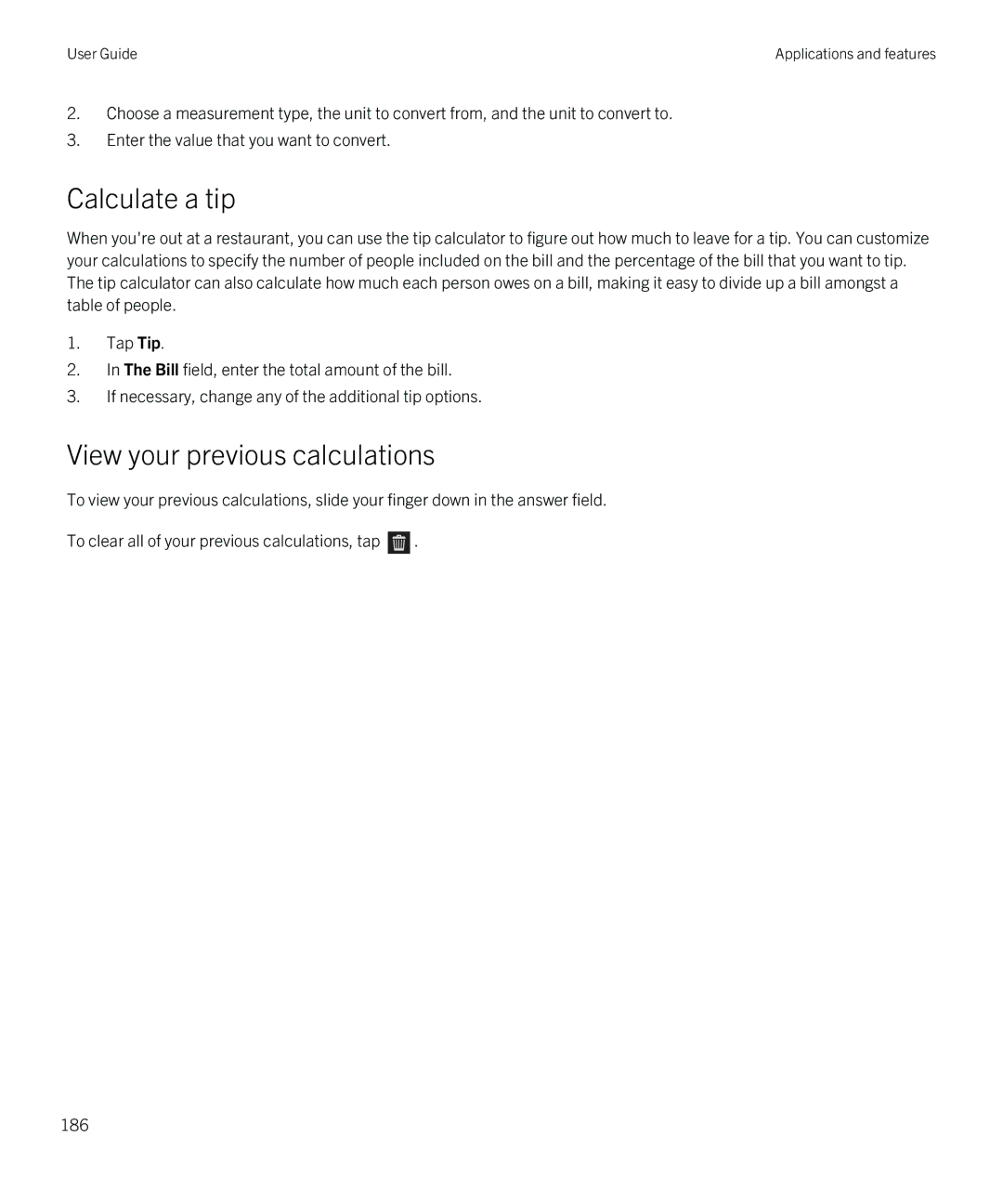 Blackberry Z30 manual Calculate a tip, View your previous calculations 