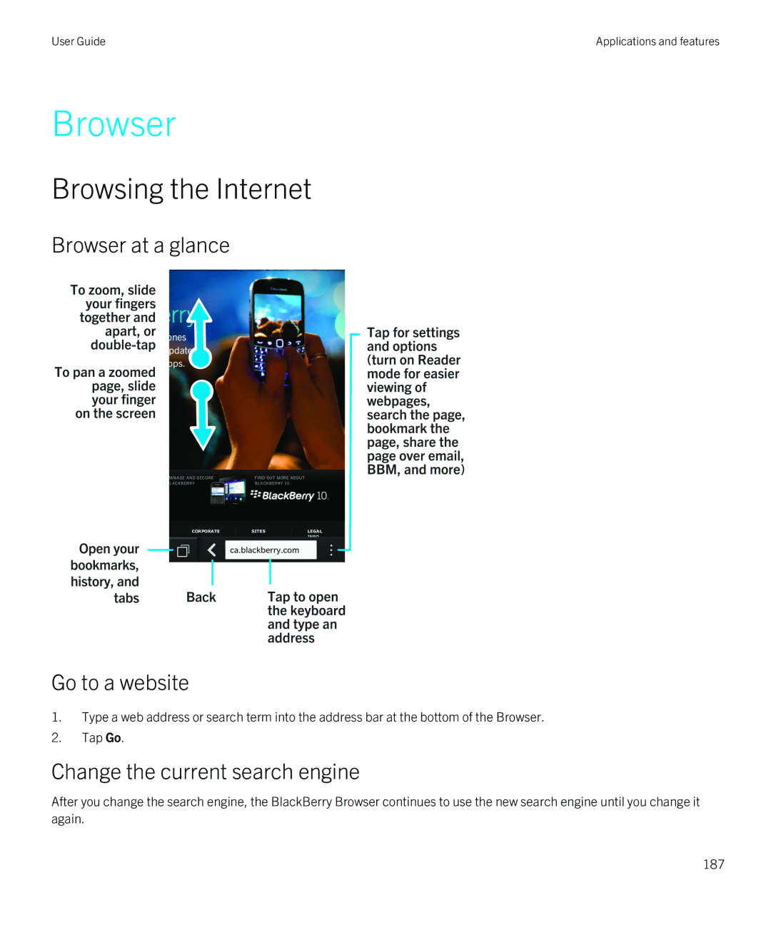 Blackberry Z30 manual Browsing the Internet, Browser at a glance Go to a website, Change the current search engine 