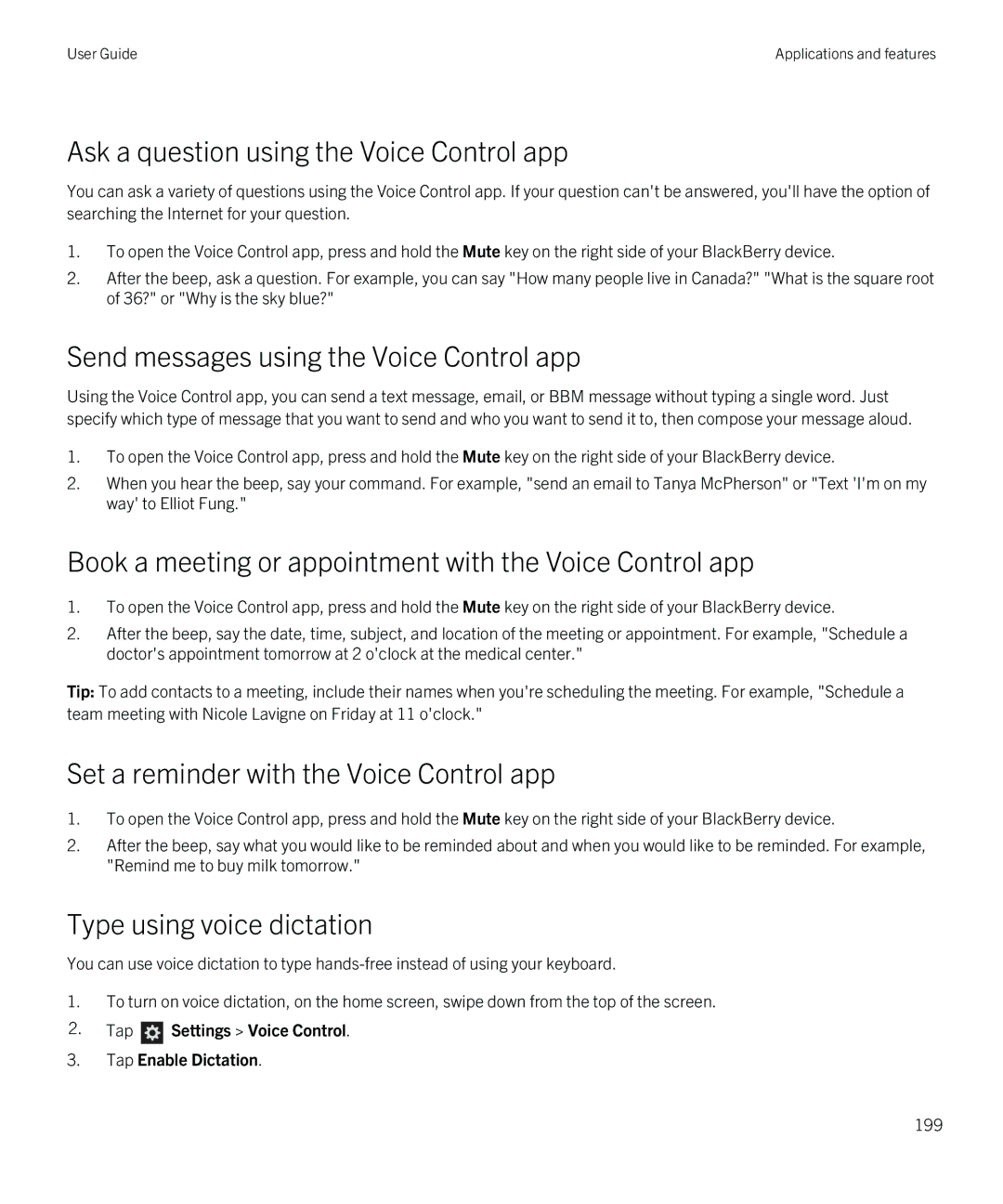 Blackberry Z30 manual Ask a question using the Voice Control app, Send messages using the Voice Control app 