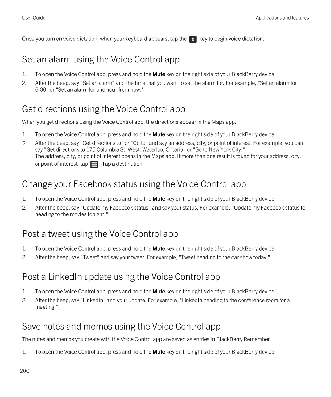 Blackberry Z30 manual Set an alarm using the Voice Control app, Get directions using the Voice Control app 