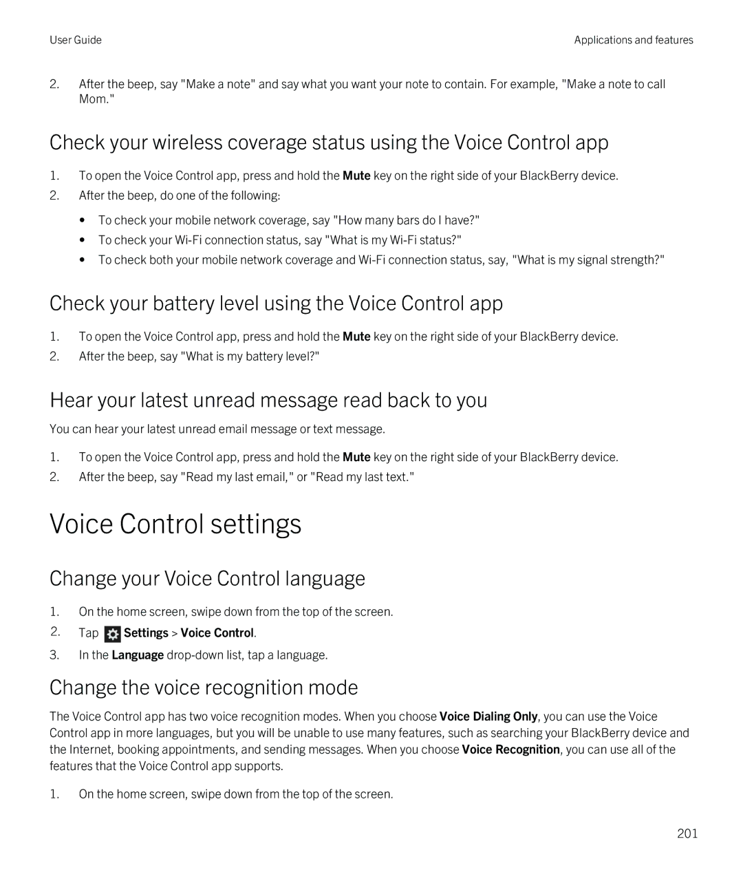 Blackberry Z30 manual Voice Control settings, Check your battery level using the Voice Control app 