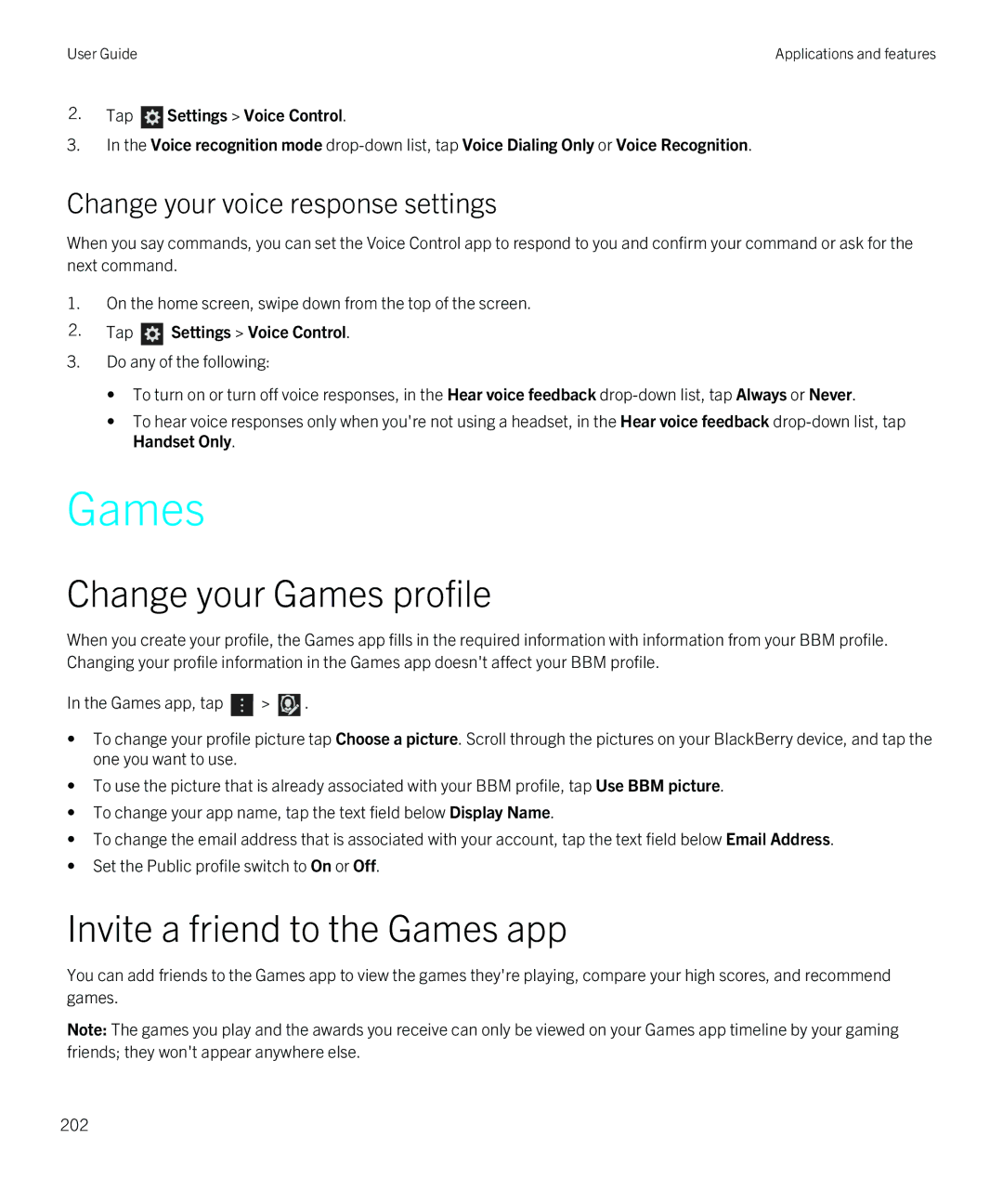 Blackberry Z30 manual Change your Games profile, Invite a friend to the Games app, Change your voice response settings 