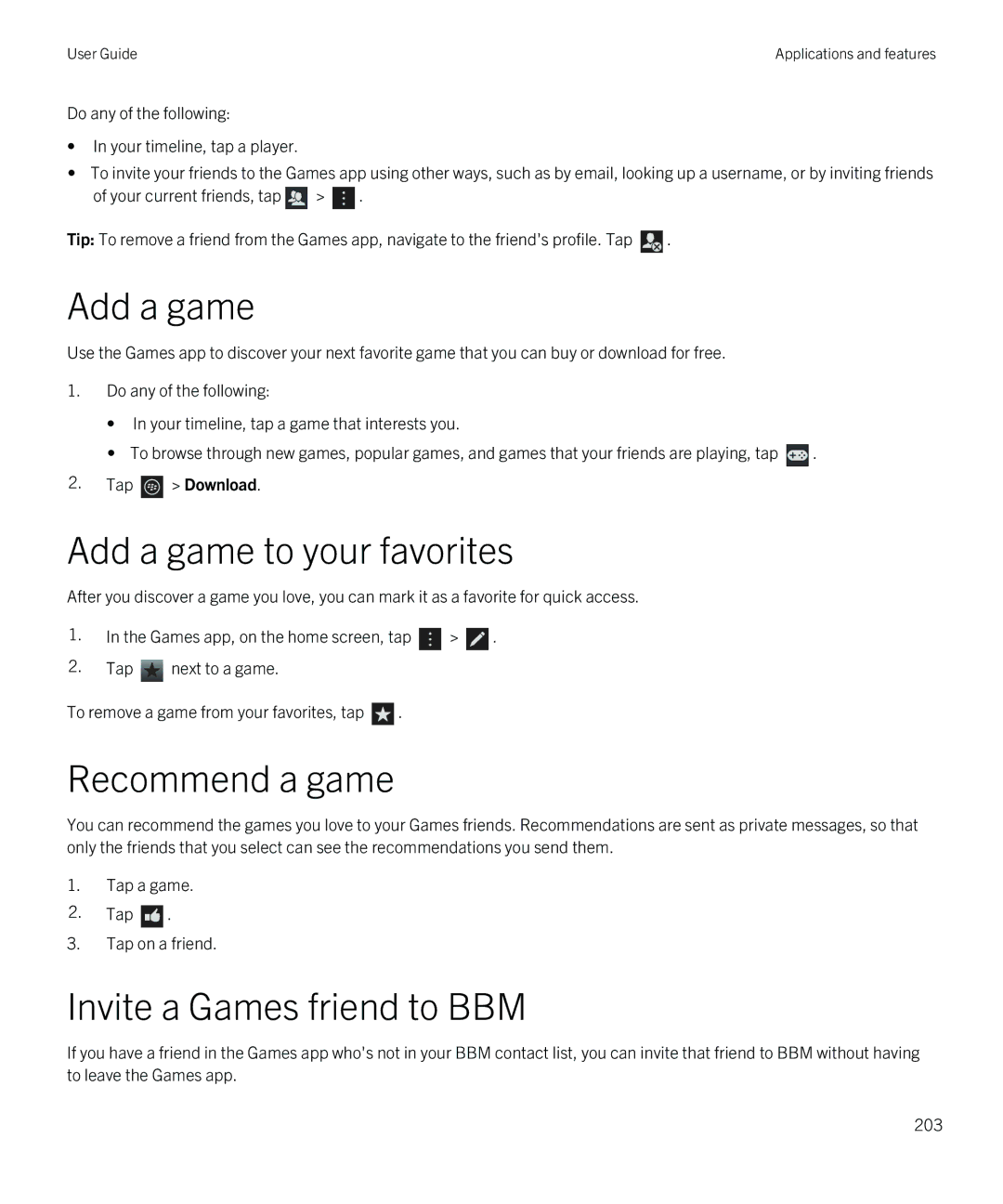 Blackberry Z30 manual Add a game to your favorites, Recommend a game, Invite a Games friend to BBM 