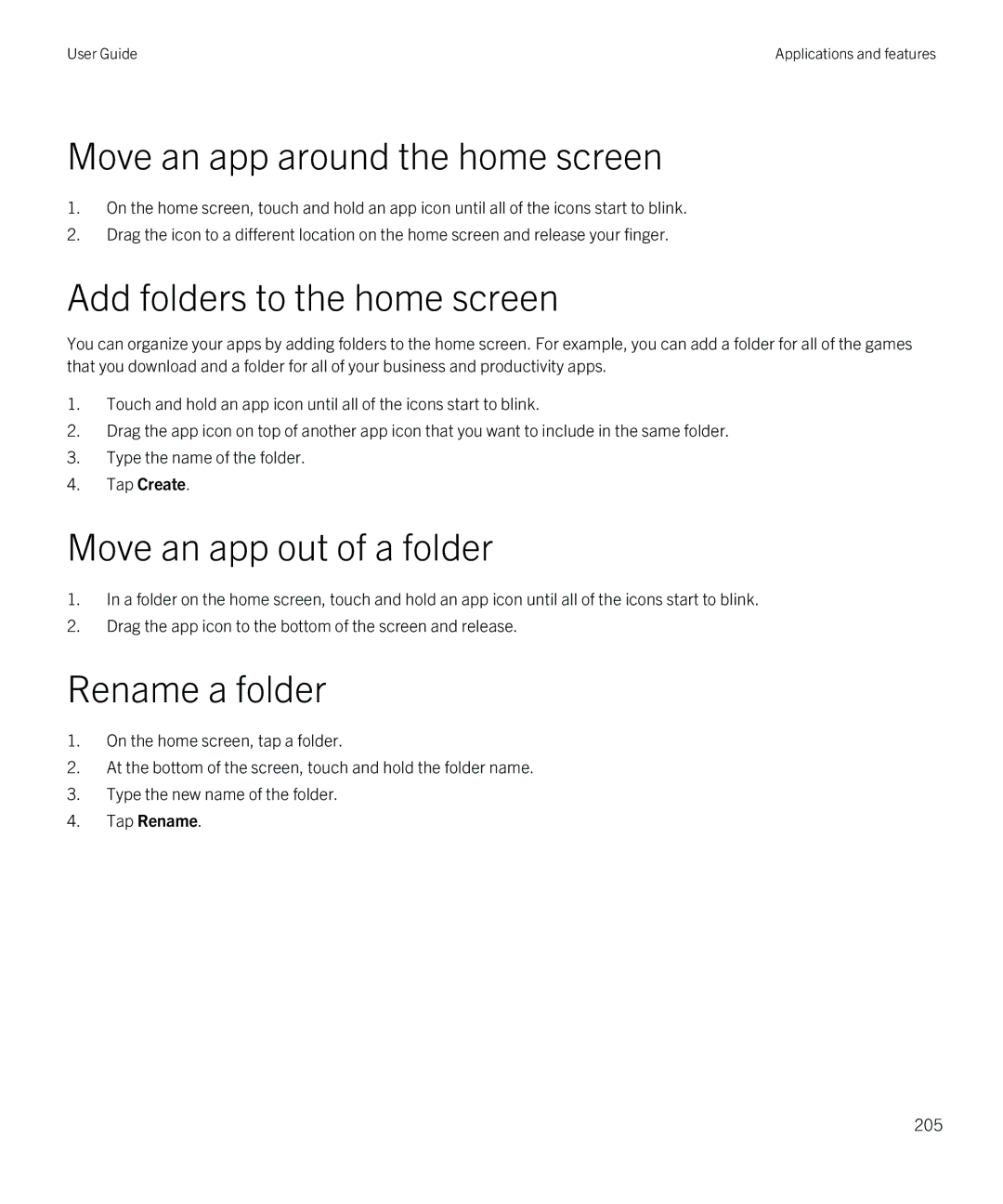 Blackberry Z30 manual Move an app around the home screen, Add folders to the home screen, Move an app out of a folder 