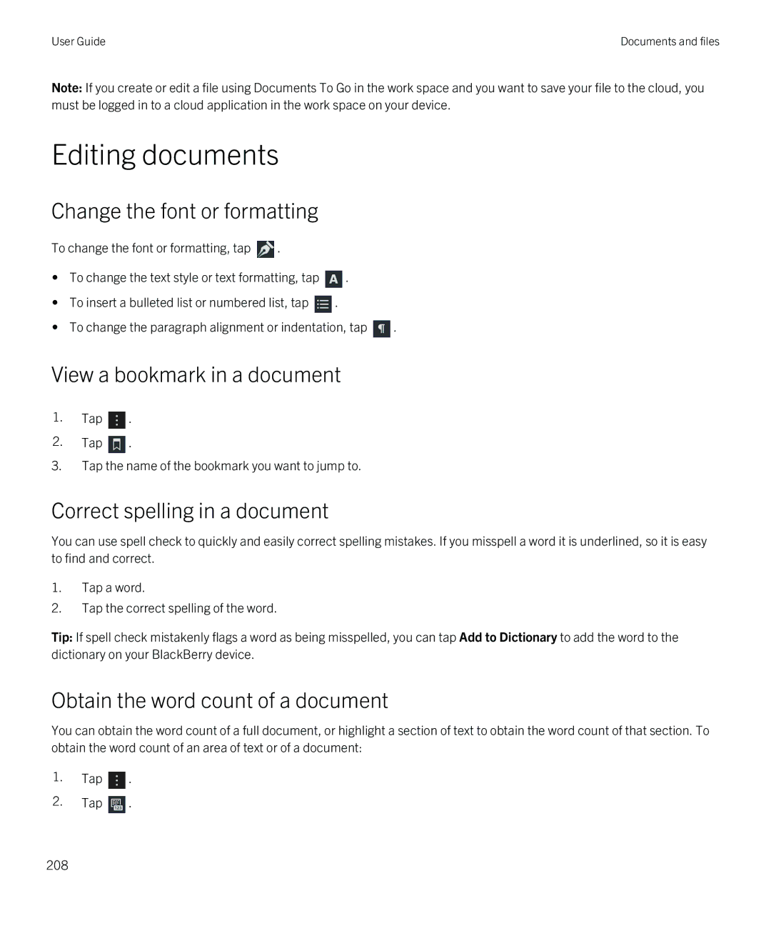 Blackberry Z30 manual Editing documents, Change the font or formatting, View a bookmark in a document 