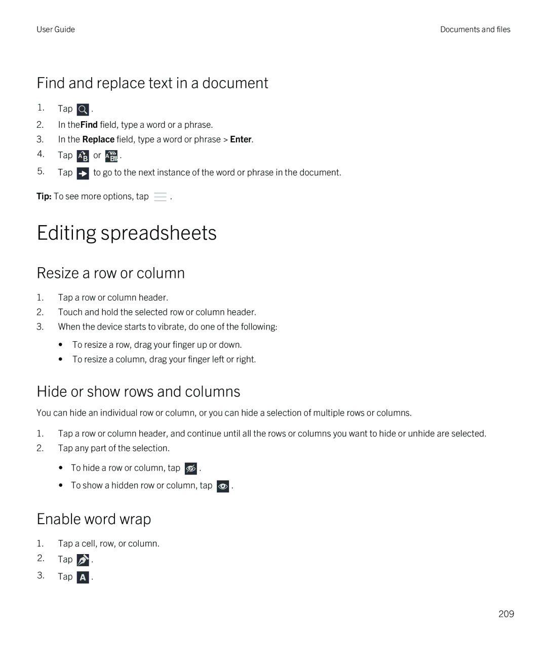 Blackberry Z30 manual Editing spreadsheets, Find and replace text in a document, Resize a row or column, Enable word wrap 