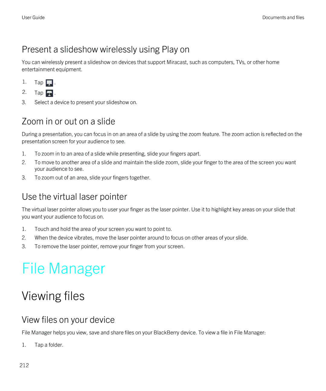 Blackberry Z30 manual File Manager, Viewing files 