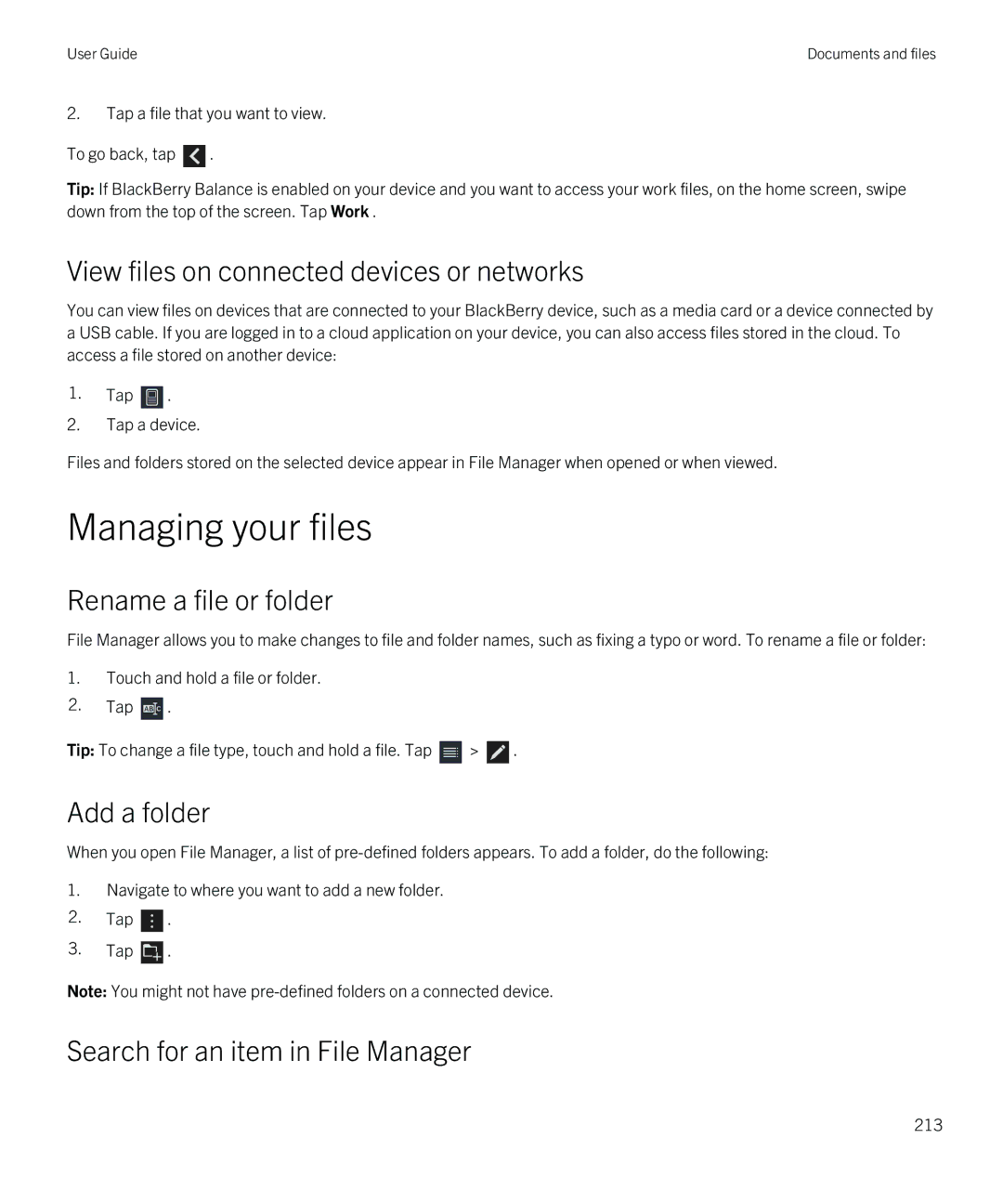 Blackberry Z30 Managing your files, View files on connected devices or networks, Rename a file or folder, Add a folder 