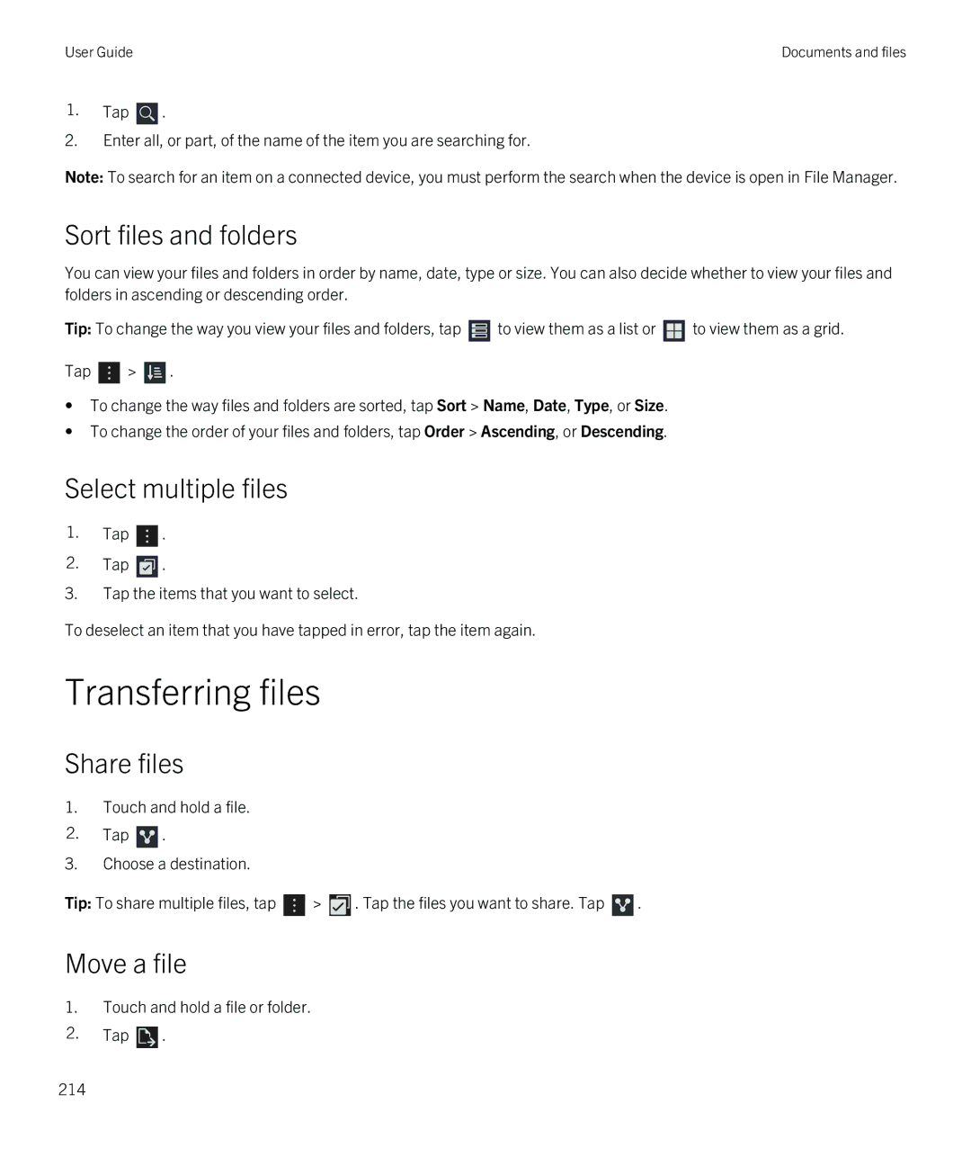 Blackberry Z30 manual Transferring files, Sort files and folders, Select multiple files, Share files, Move a file 