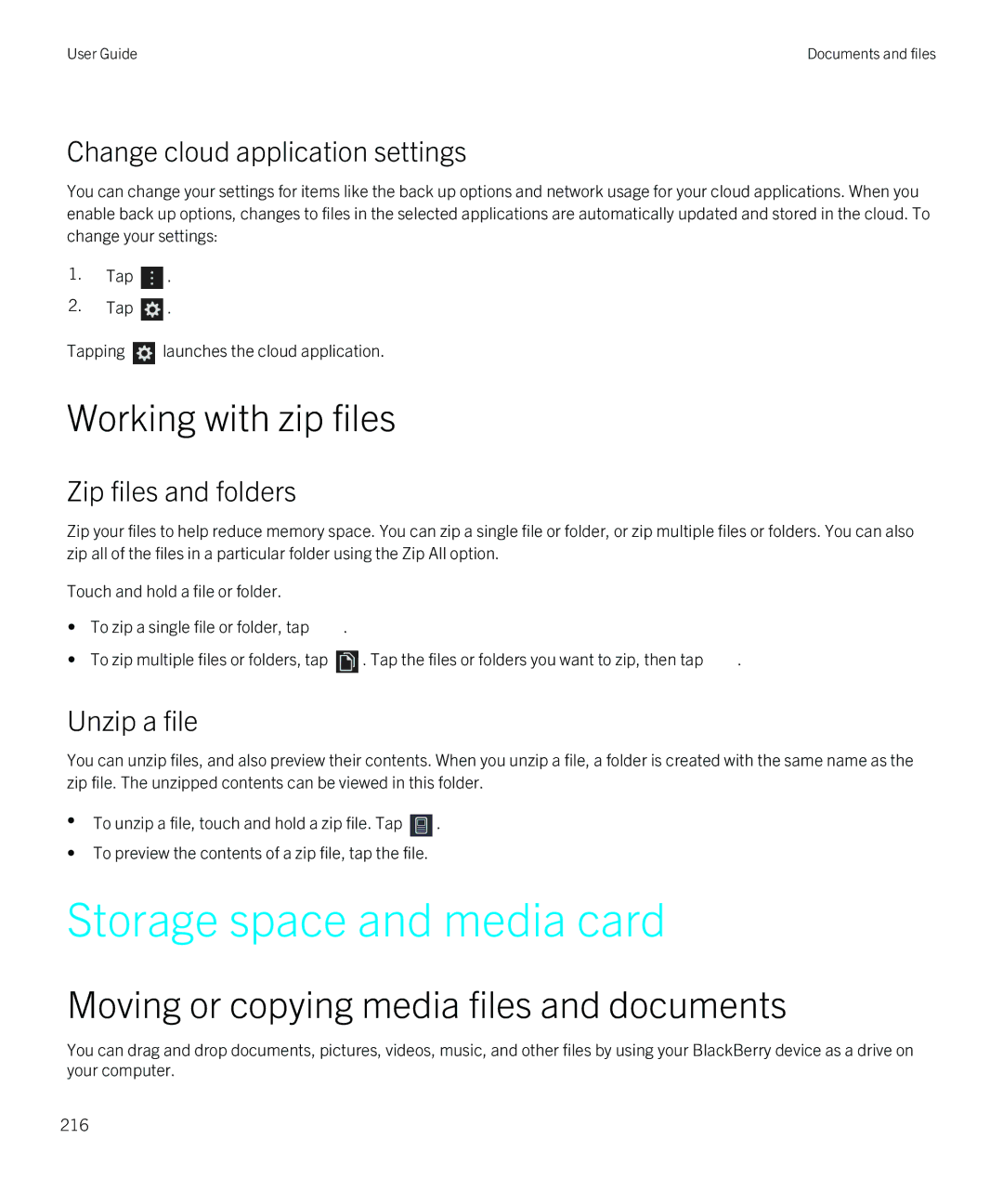 Blackberry Z30 manual Storage space and media card, Working with zip files, Moving or copying media files and documents 