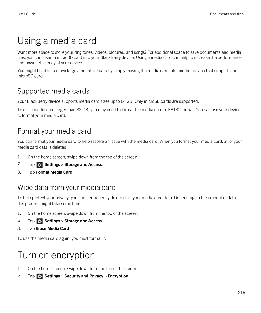 Blackberry Z30 manual Using a media card, Supported media cards, Format your media card, Wipe data from your media card 