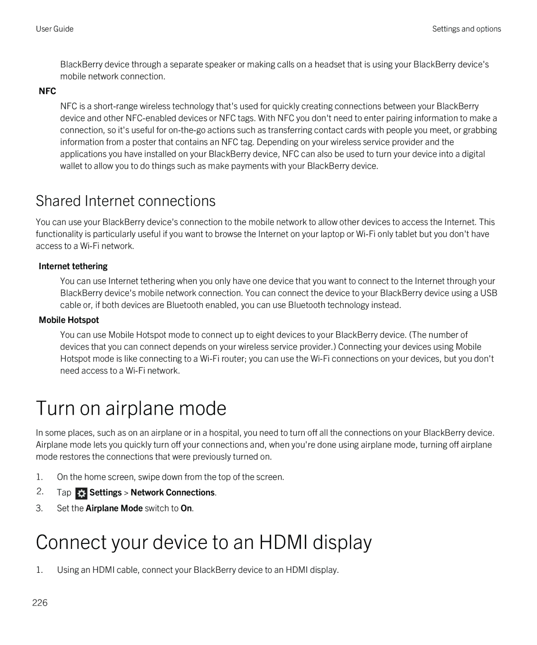 Blackberry Z30 manual Turn on airplane mode, Shared Internet connections, Internet tethering, Mobile Hotspot 