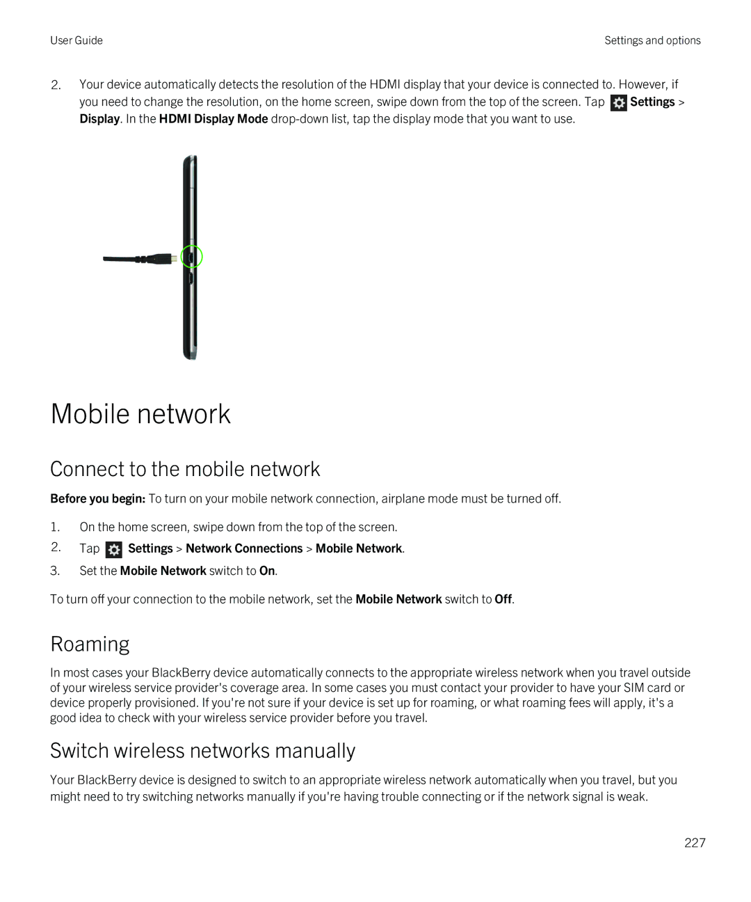 Blackberry Z30 Mobile network, Connect to the mobile network, Roaming, Switch wireless networks manually 