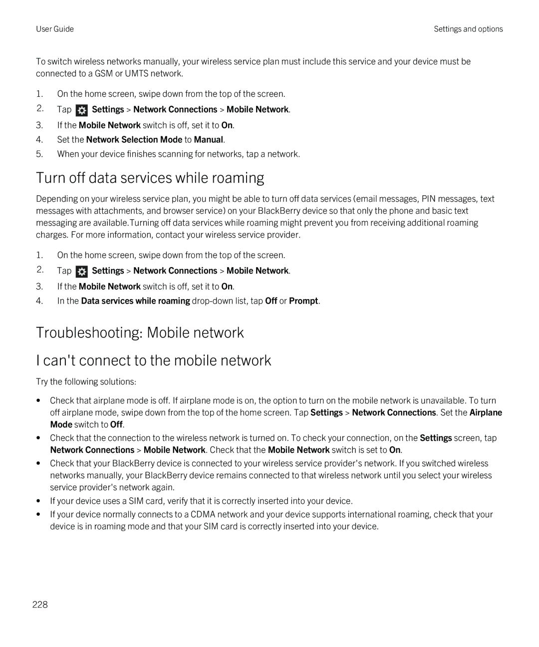 Blackberry Z30 manual Turn off data services while roaming, Set the Network Selection Mode to Manual 