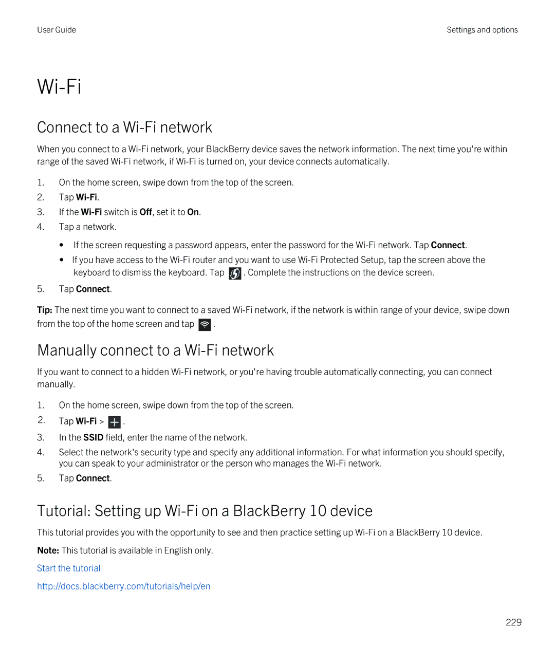 Blackberry Z30 manual Connect to a Wi-Fi network, Manually connect to a Wi-Fi network, Tap Connect 