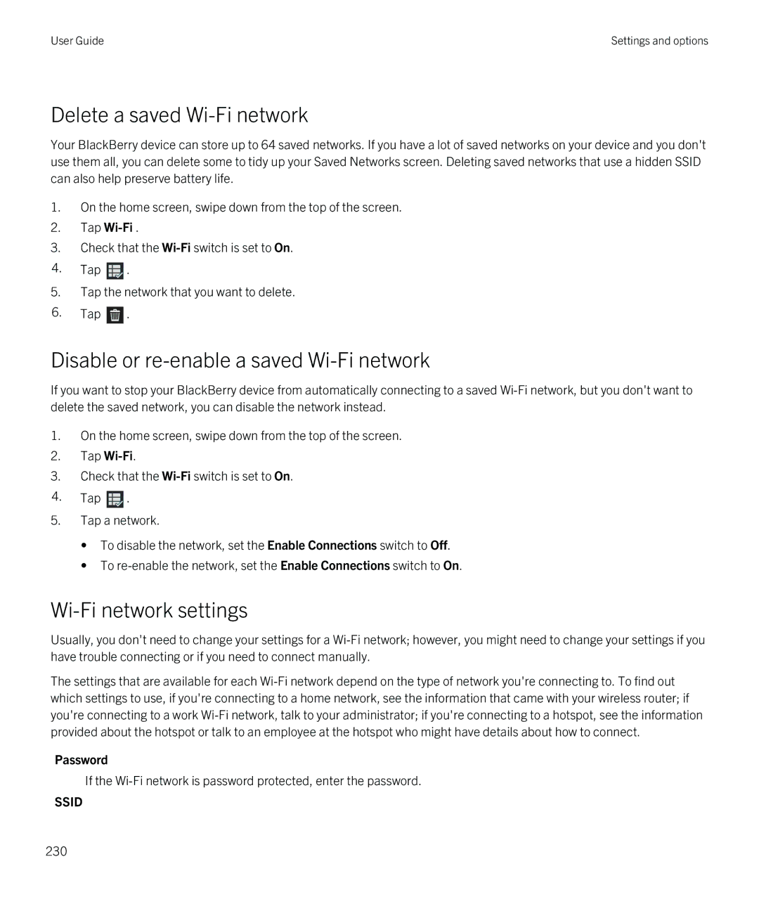 Blackberry Z30 Delete a saved Wi-Fi network, Disable or re-enable a saved Wi-Fi network, Wi-Fi network settings, Tap Wi-Fi 