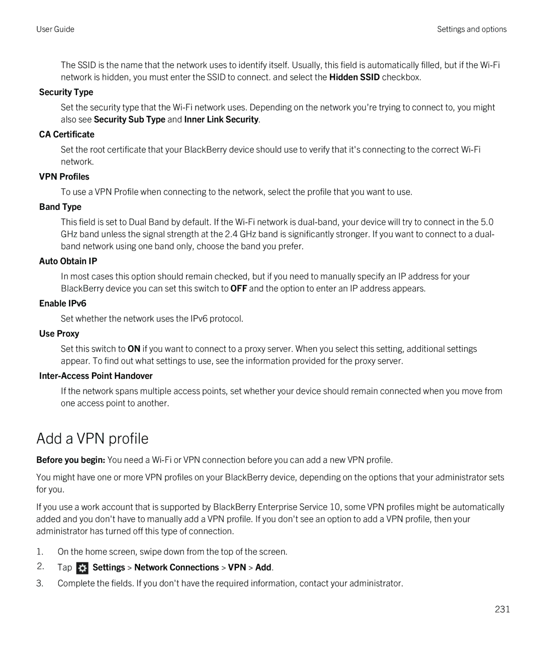 Blackberry Z30 manual Security Type, CA Certificate, VPN Profiles, Band Type, Auto Obtain IP, Enable IPv6, Use Proxy 