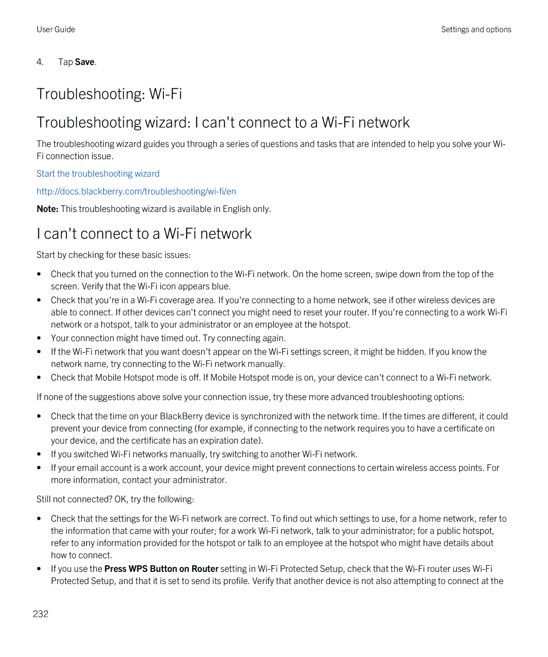 Blackberry Z30 manual Cant connect to a Wi-Fi network 