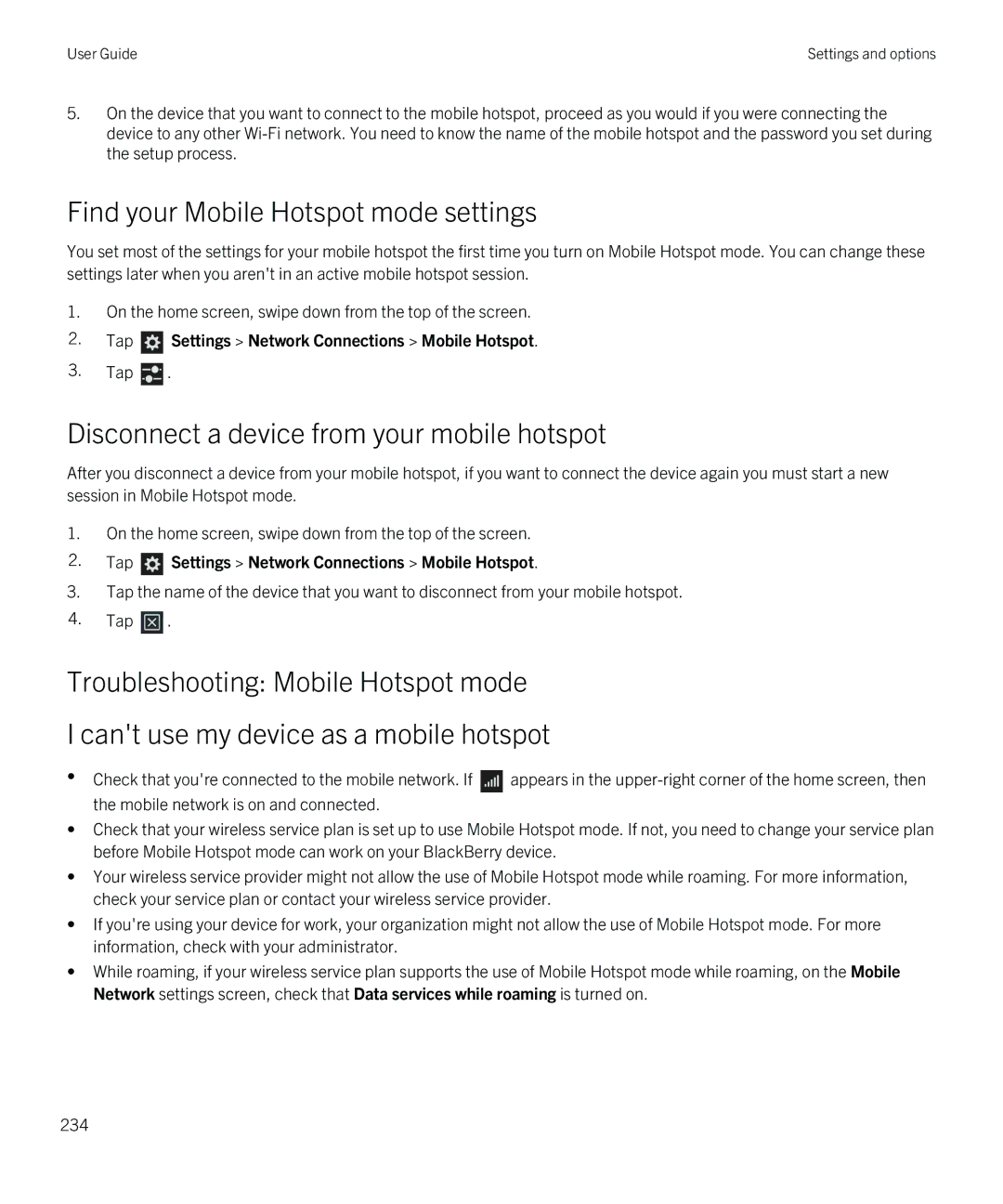 Blackberry Z30 manual Find your Mobile Hotspot mode settings, Disconnect a device from your mobile hotspot 