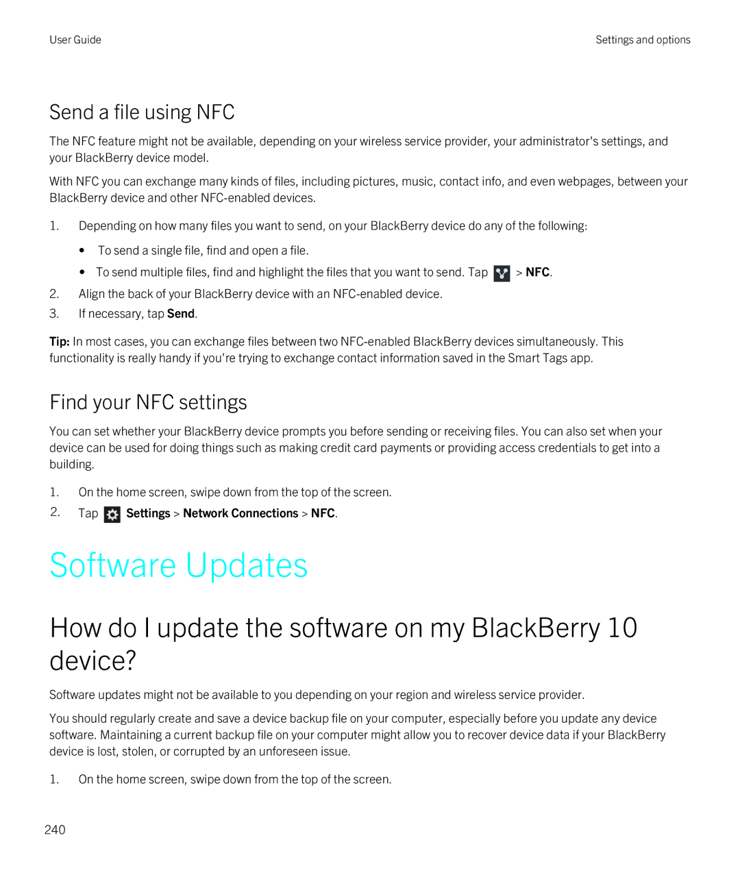 Blackberry Z30 manual Software Updates, How do I update the software on my BlackBerry 10 device?, Send a file using NFC 