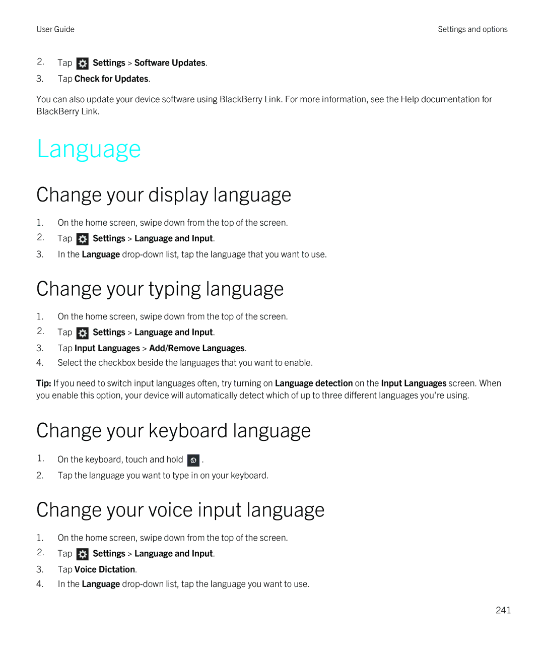 Blackberry Z30 Language, Change your typing language, Change your keyboard language, Change your voice input language 