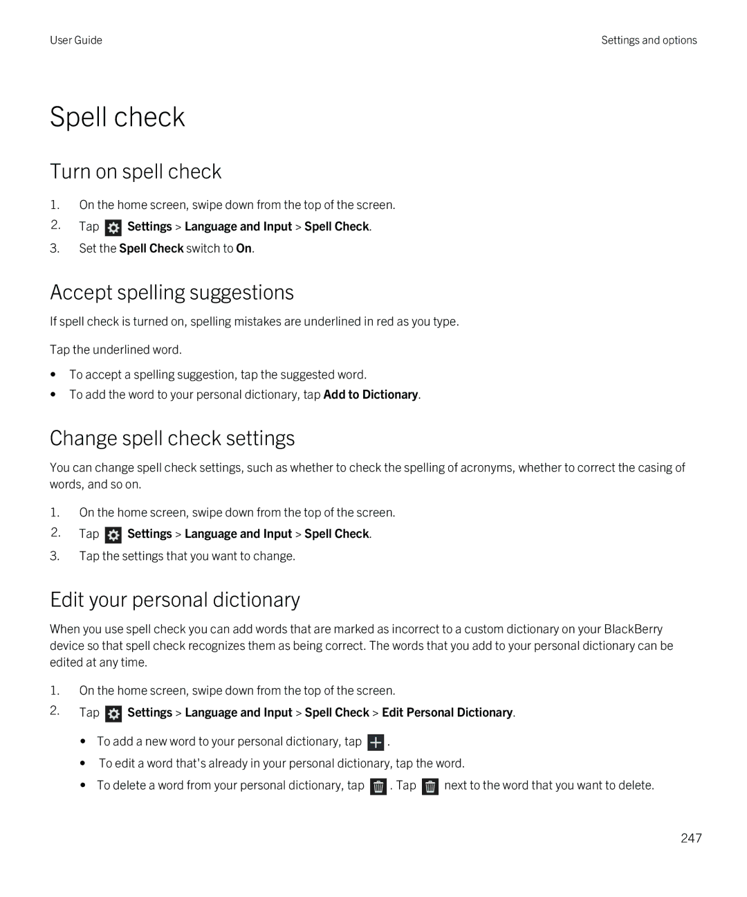 Blackberry Z30 manual Spell check, Turn on spell check, Change spell check settings, Edit your personal dictionary 