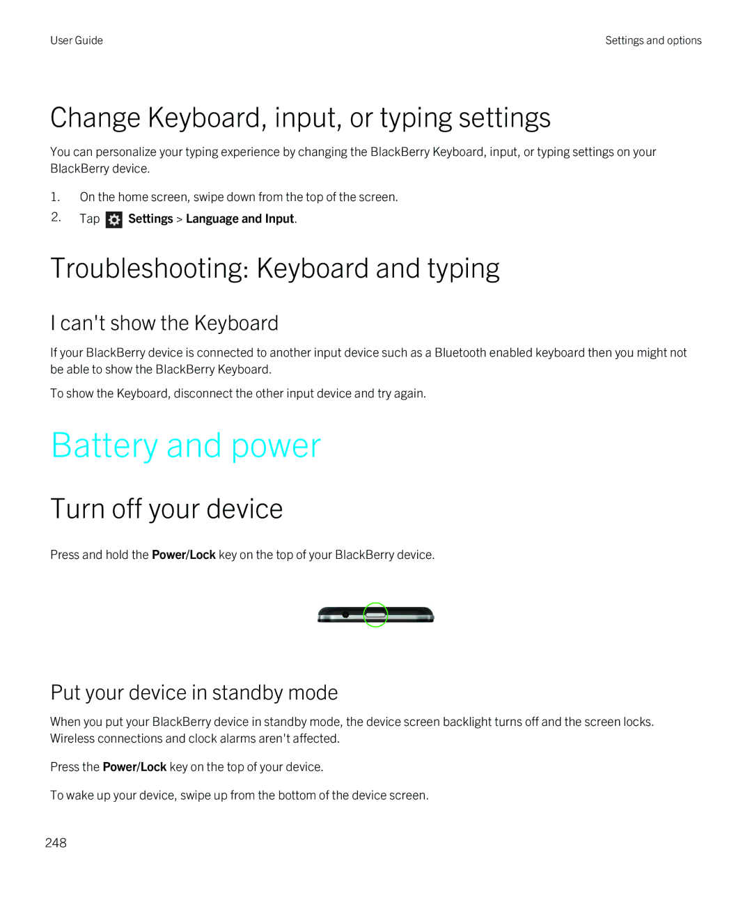 Blackberry Z30 manual Battery and power, Change Keyboard, input, or typing settings, Troubleshooting Keyboard and typing 