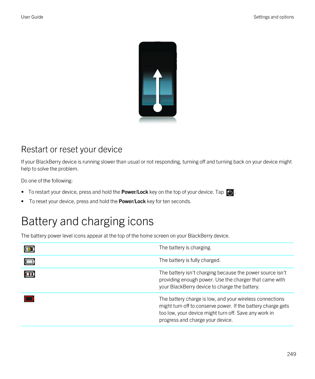 Blackberry Z30 manual Battery and charging icons, Restart or reset your device 