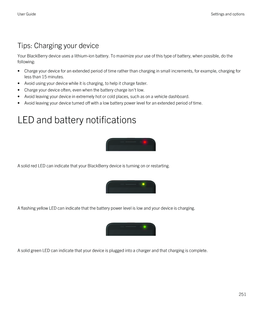 Blackberry Z30 manual LED and battery notifications, Tips Charging your device 