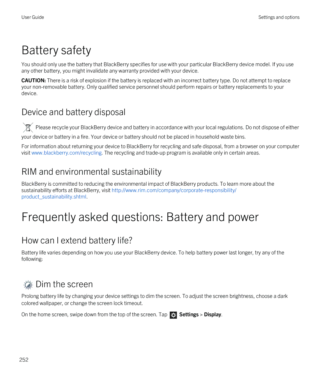 Blackberry Z30 manual Battery safety, Frequently asked questions Battery and power 