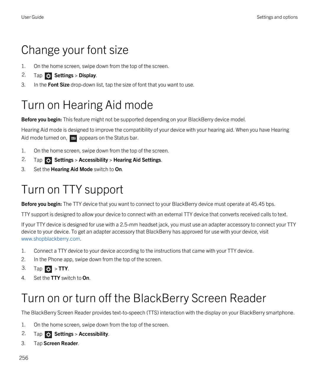 Blackberry Z30 manual Turn on Hearing Aid mode, Turn on TTY support, Turn on or turn off the BlackBerry Screen Reader 