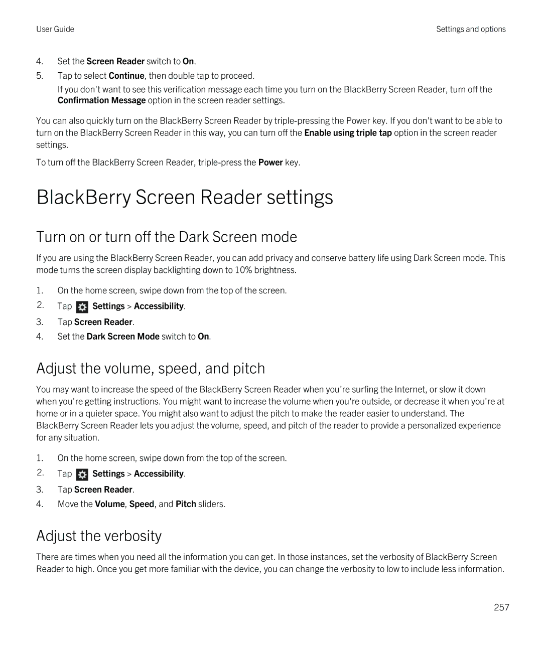 Blackberry Z30 manual BlackBerry Screen Reader settings, Turn on or turn off the Dark Screen mode, Adjust the verbosity 