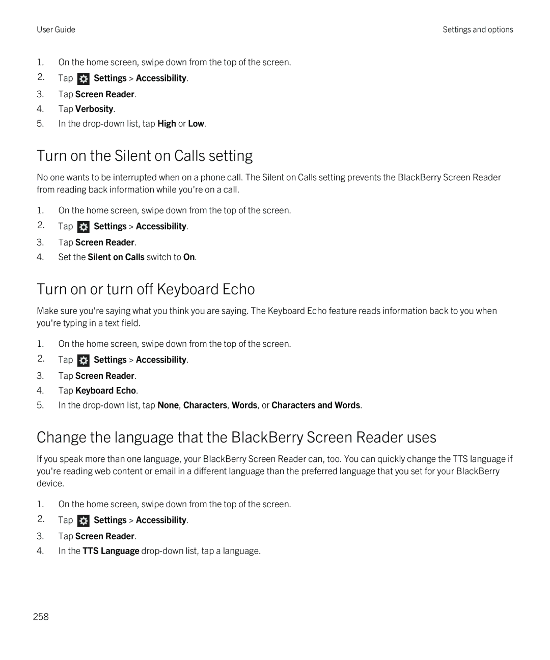 Blackberry Z30 manual Turn on the Silent on Calls setting, Turn on or turn off Keyboard Echo 