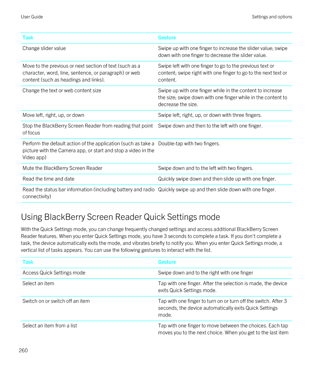 Blackberry Z30 manual Using BlackBerry Screen Reader Quick Settings mode, Select an item from a list 