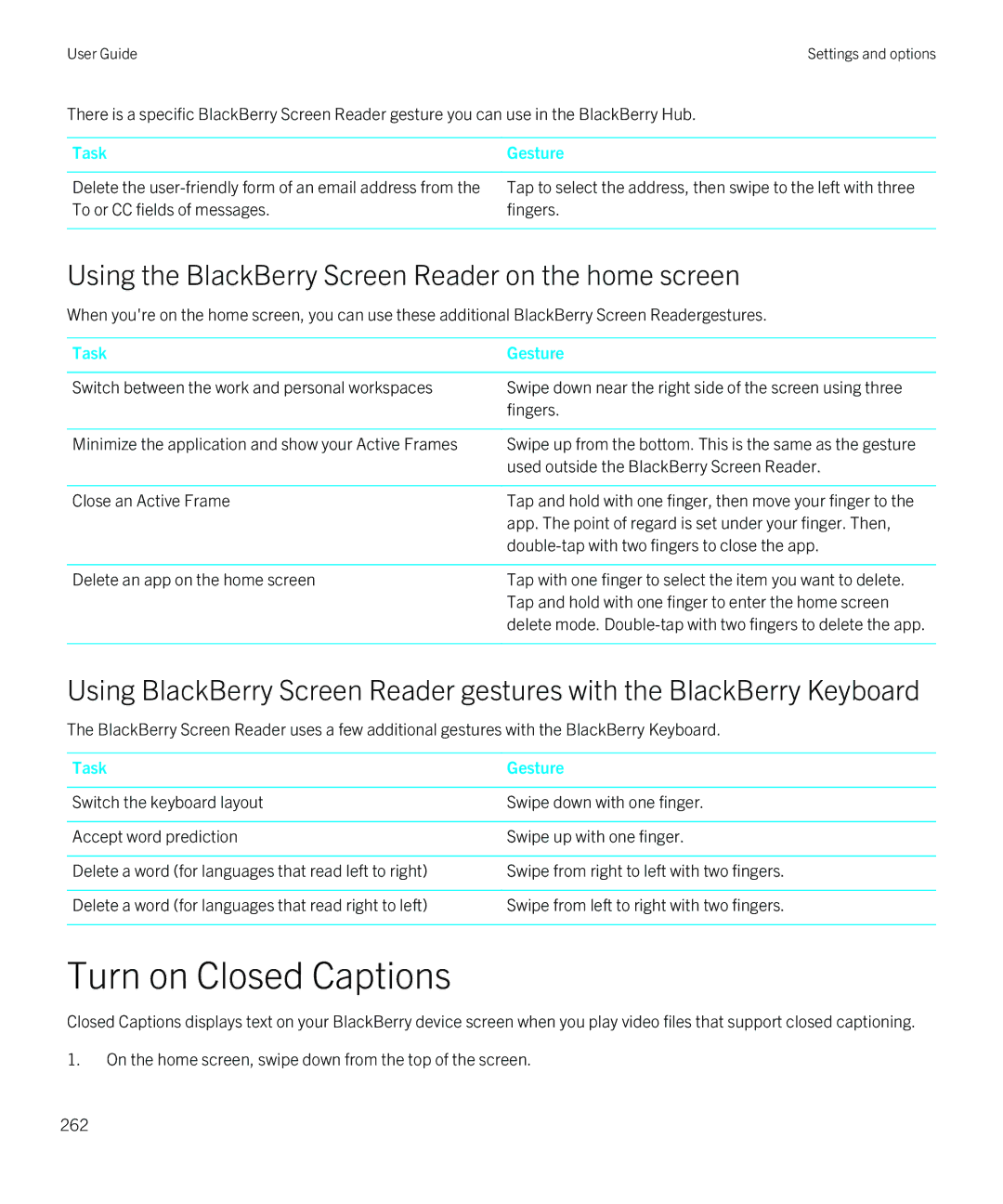 Blackberry Z30 manual Turn on Closed Captions, Using the BlackBerry Screen Reader on the home screen 