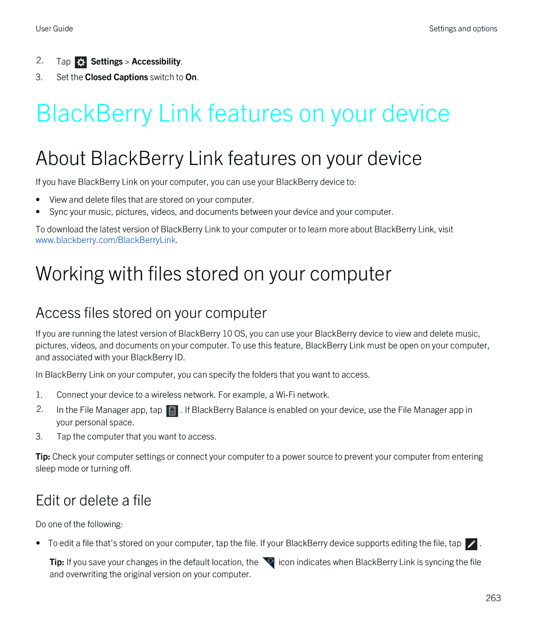 Blackberry Z30 manual About BlackBerry Link features on your device, Working with files stored on your computer 