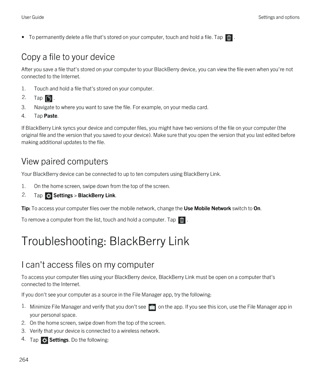 Blackberry Z30 manual Troubleshooting BlackBerry Link, Copy a file to your device, View paired computers 