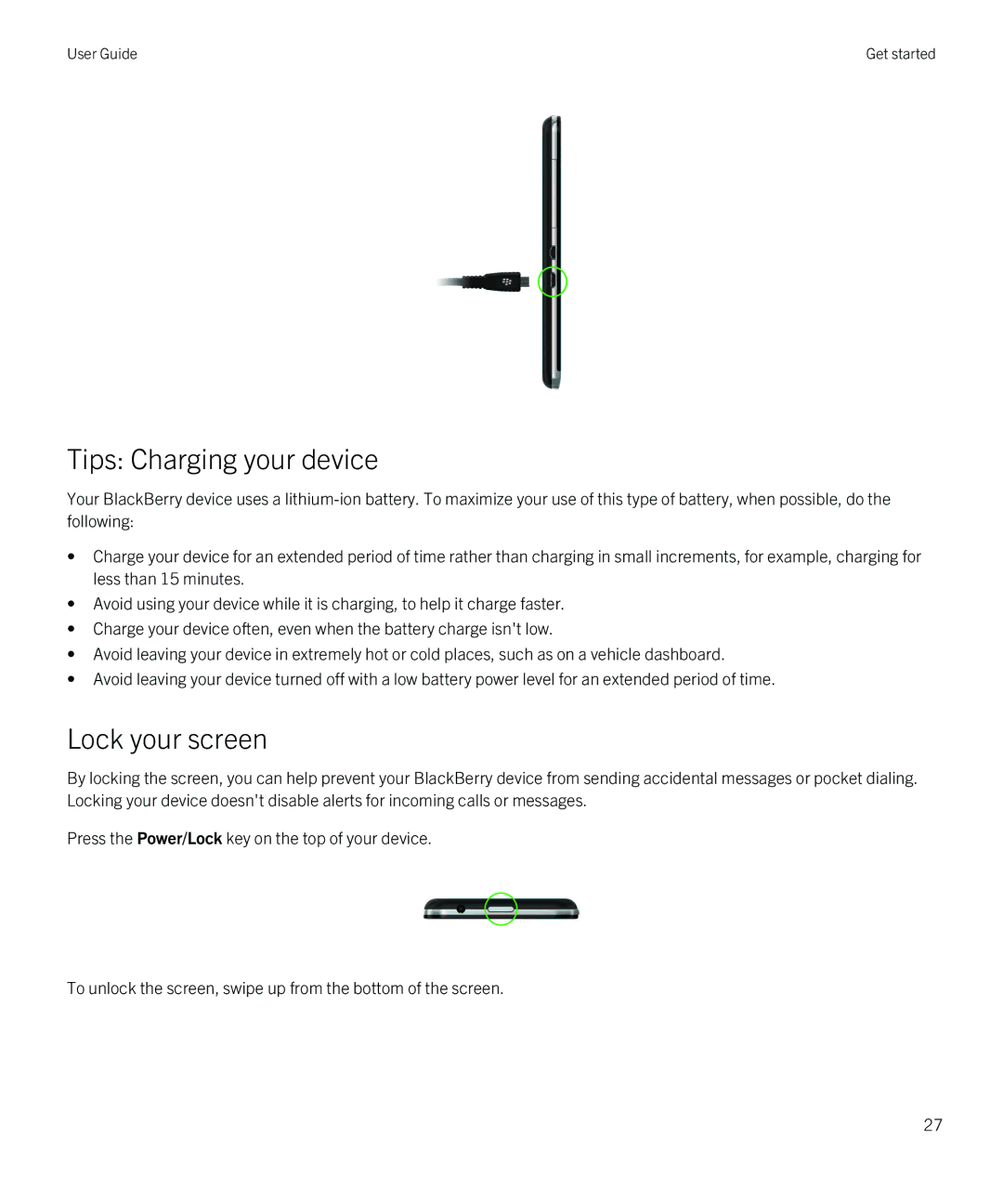 Blackberry Z30 manual Tips Charging your device, Lock your screen 