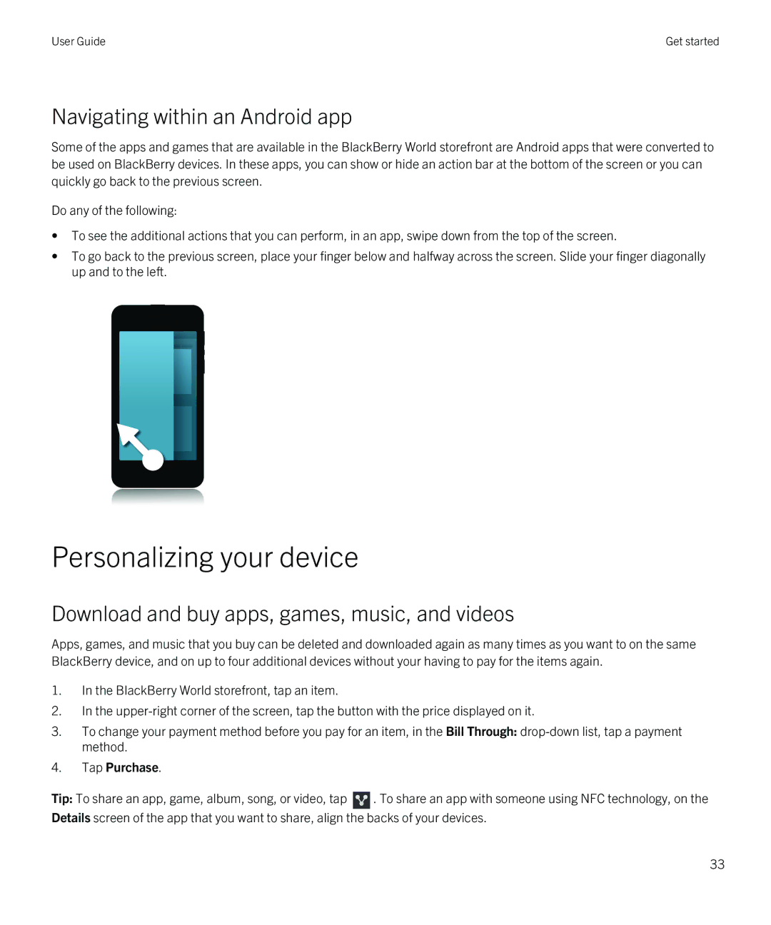 Blackberry Z30 manual Personalizing your device, Navigating within an Android app, Tap Purchase 