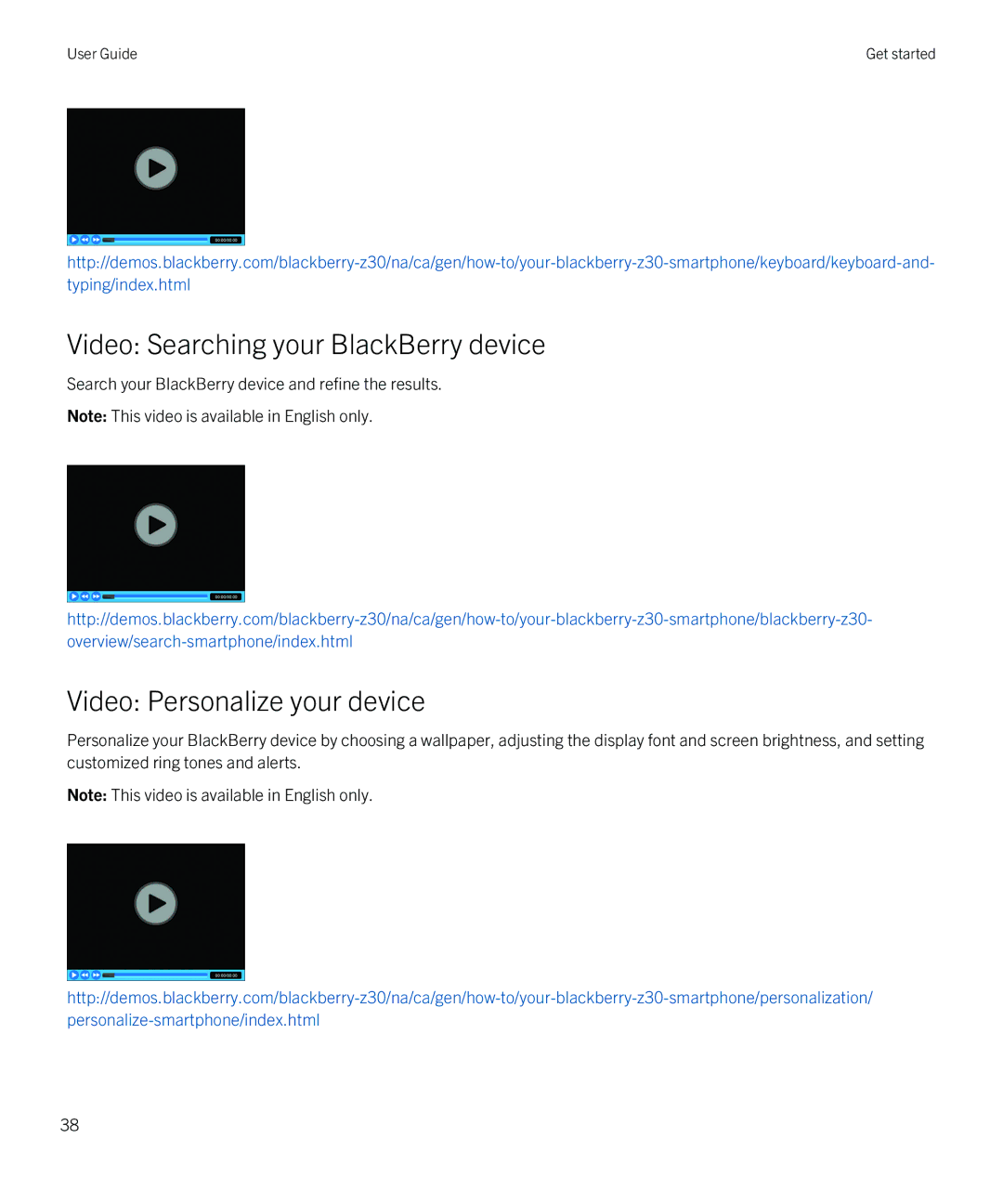 Blackberry Z30 manual Video Searching your BlackBerry device, Video Personalize your device 