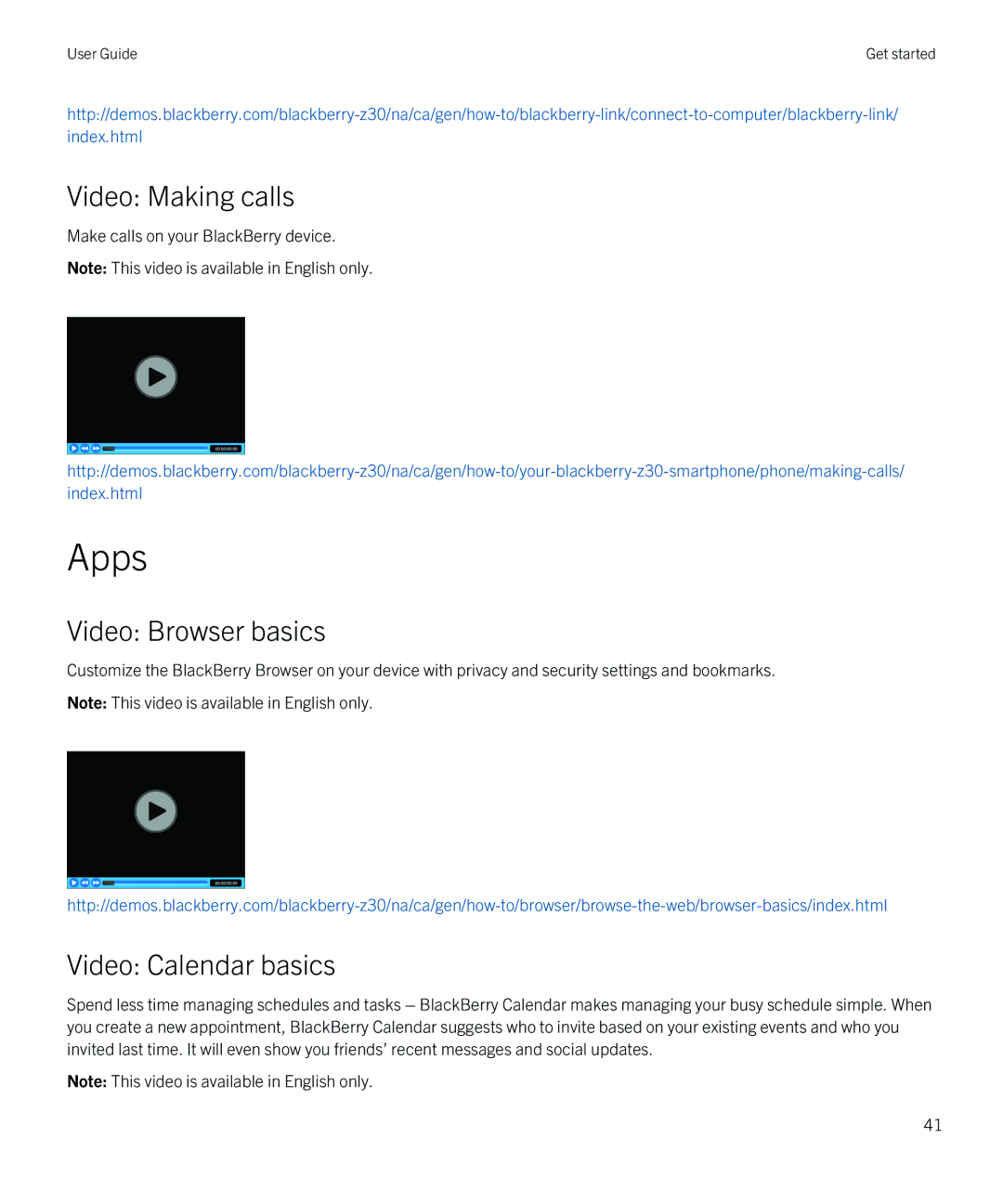 Blackberry Z30 manual Apps, Video Making calls, Video Browser basics, Video Calendar basics 