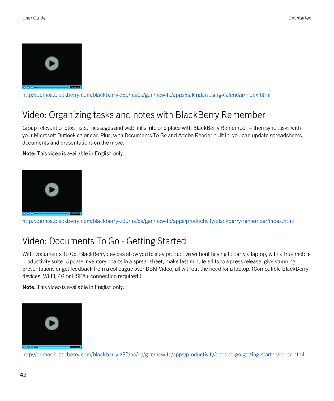 Blackberry Z30 manual Video Organizing tasks and notes with BlackBerry Remember, Video Documents To Go Getting Started 