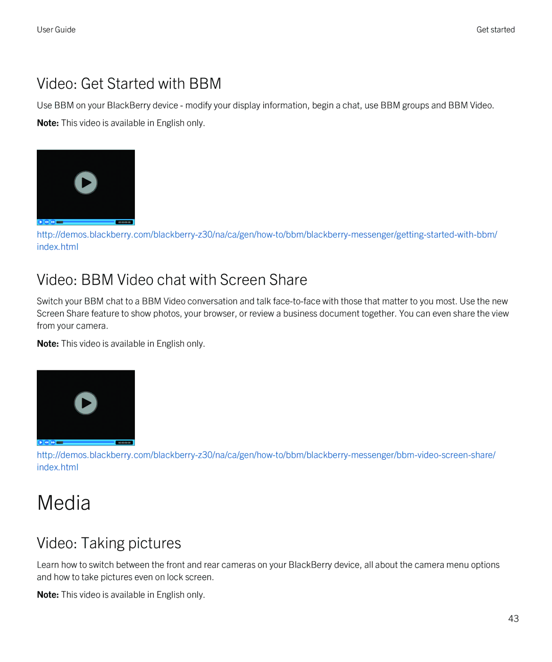 Blackberry Z30 manual Media, Video Get Started with BBM, Video BBM Video chat with Screen Share, Video Taking pictures 