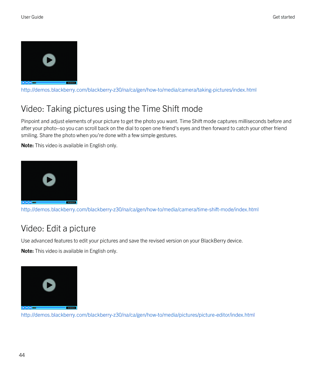 Blackberry Z30 manual Video Taking pictures using the Time Shift mode, Video Edit a picture 