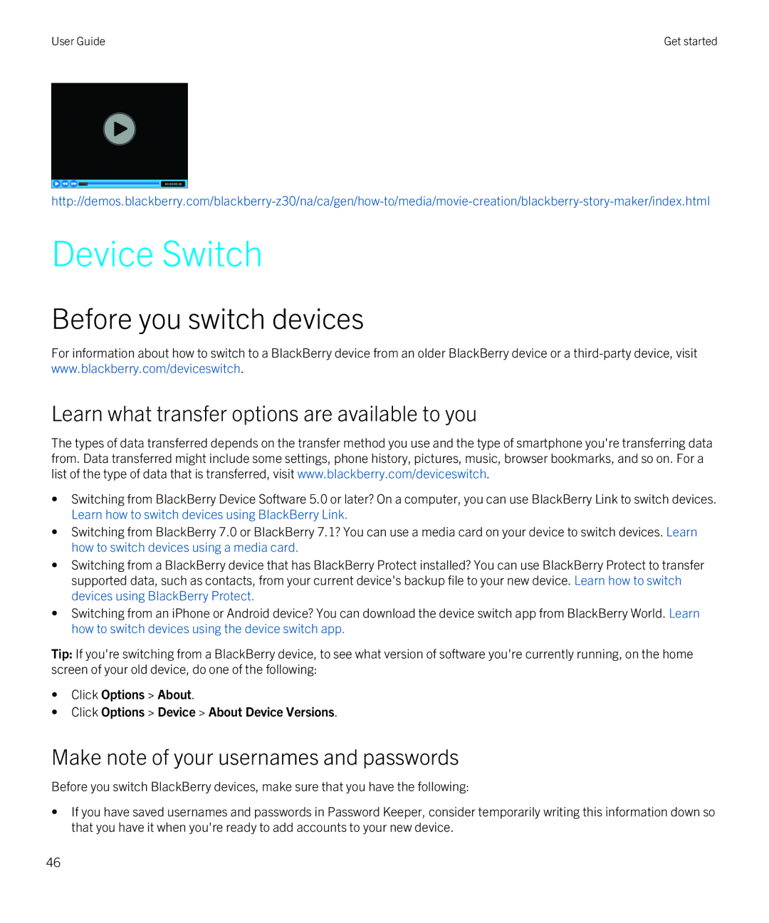 Blackberry Z30 manual Device Switch, Before you switch devices 