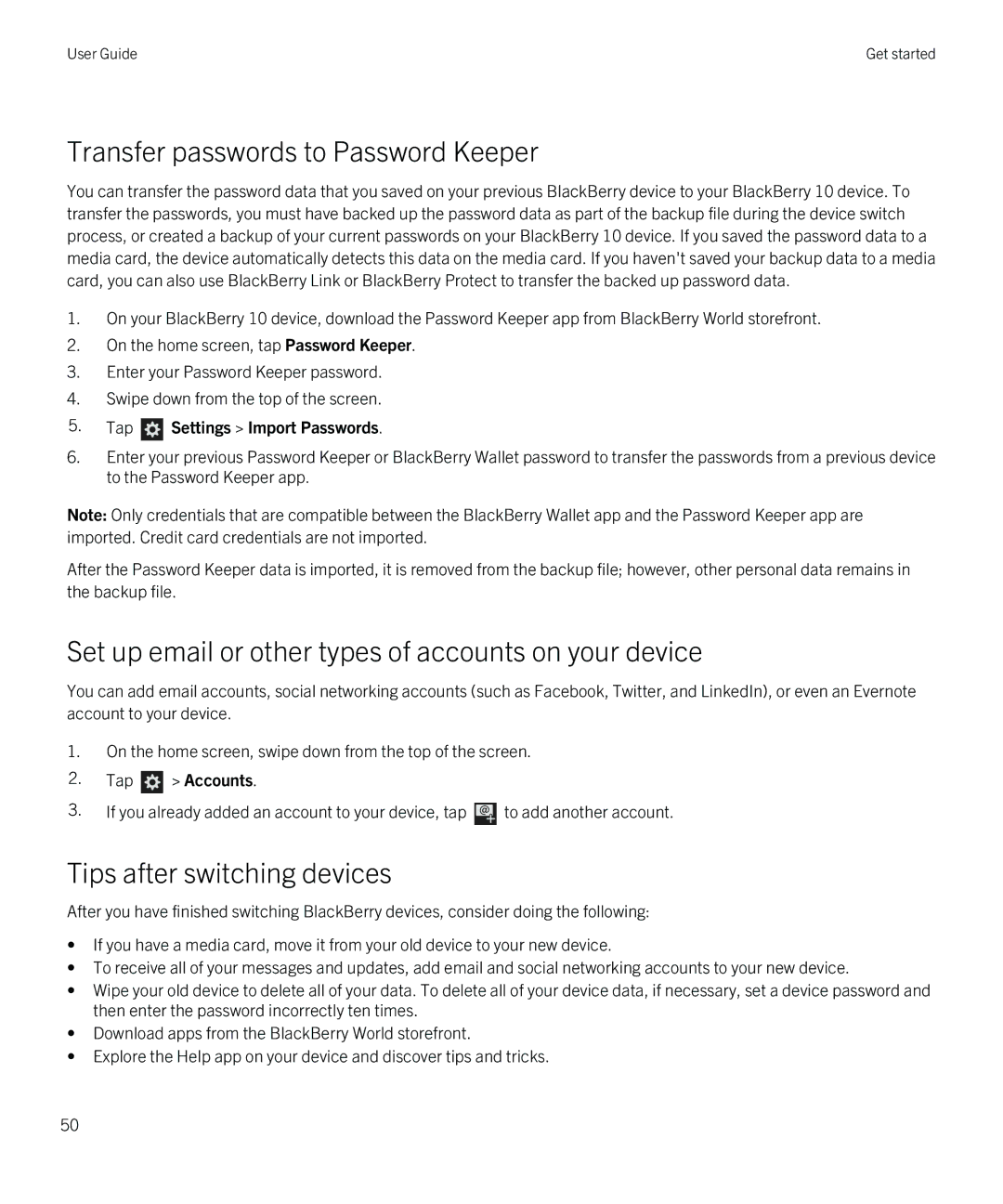 Blackberry Z30 manual Transfer passwords to Password Keeper, Tips after switching devices, Tap Settings Import Passwords 