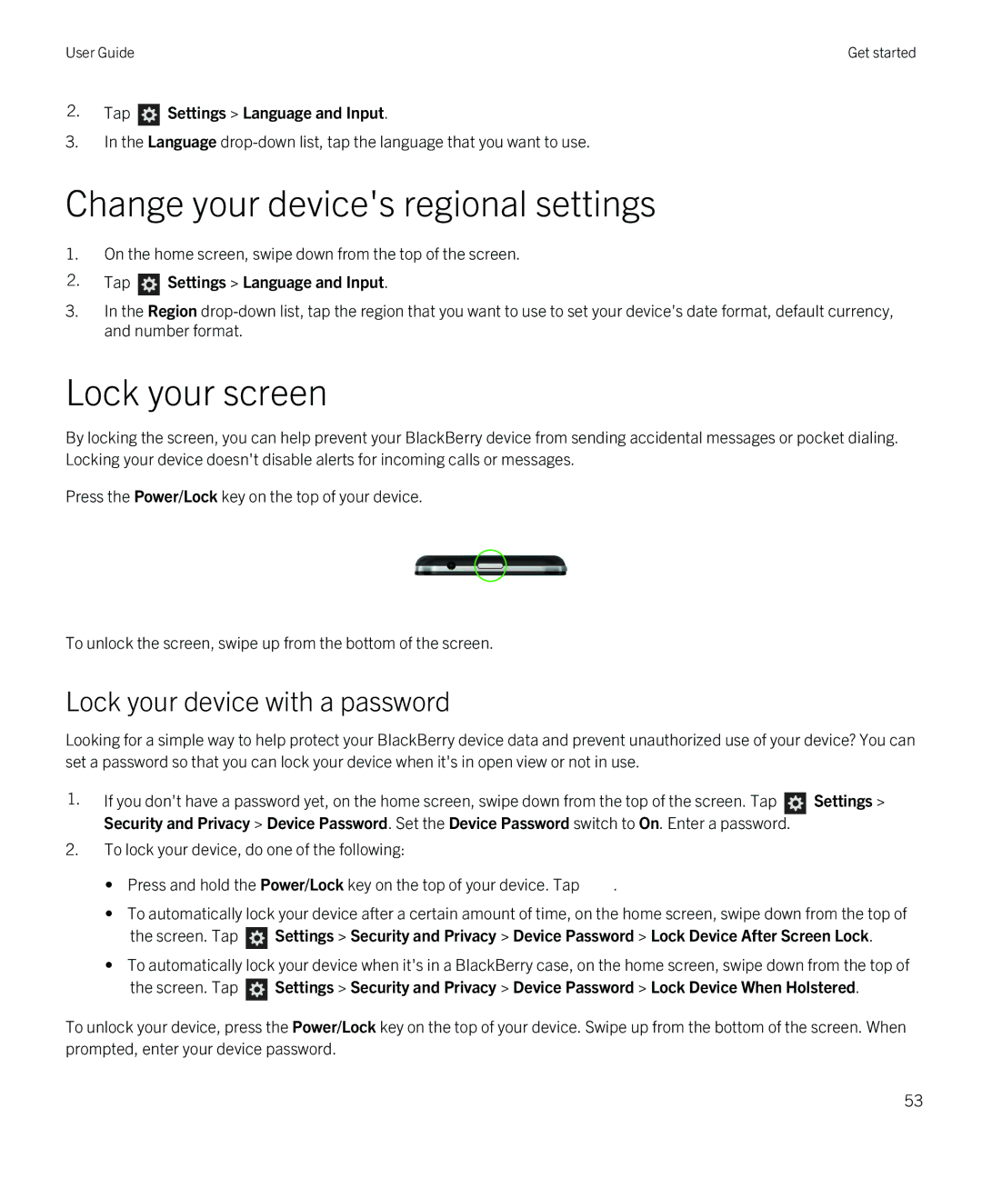 Blackberry Z30 manual Change your devices regional settings, Lock your screen, Lock your device with a password 