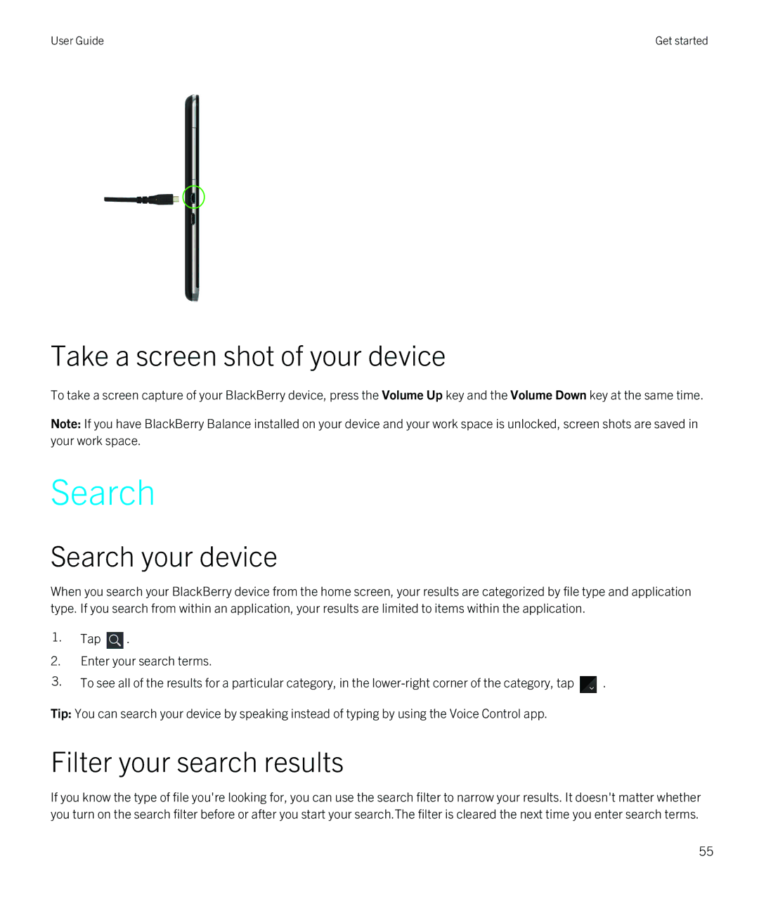 Blackberry Z30 manual Take a screen shot of your device, Search your device, Filter your search results 