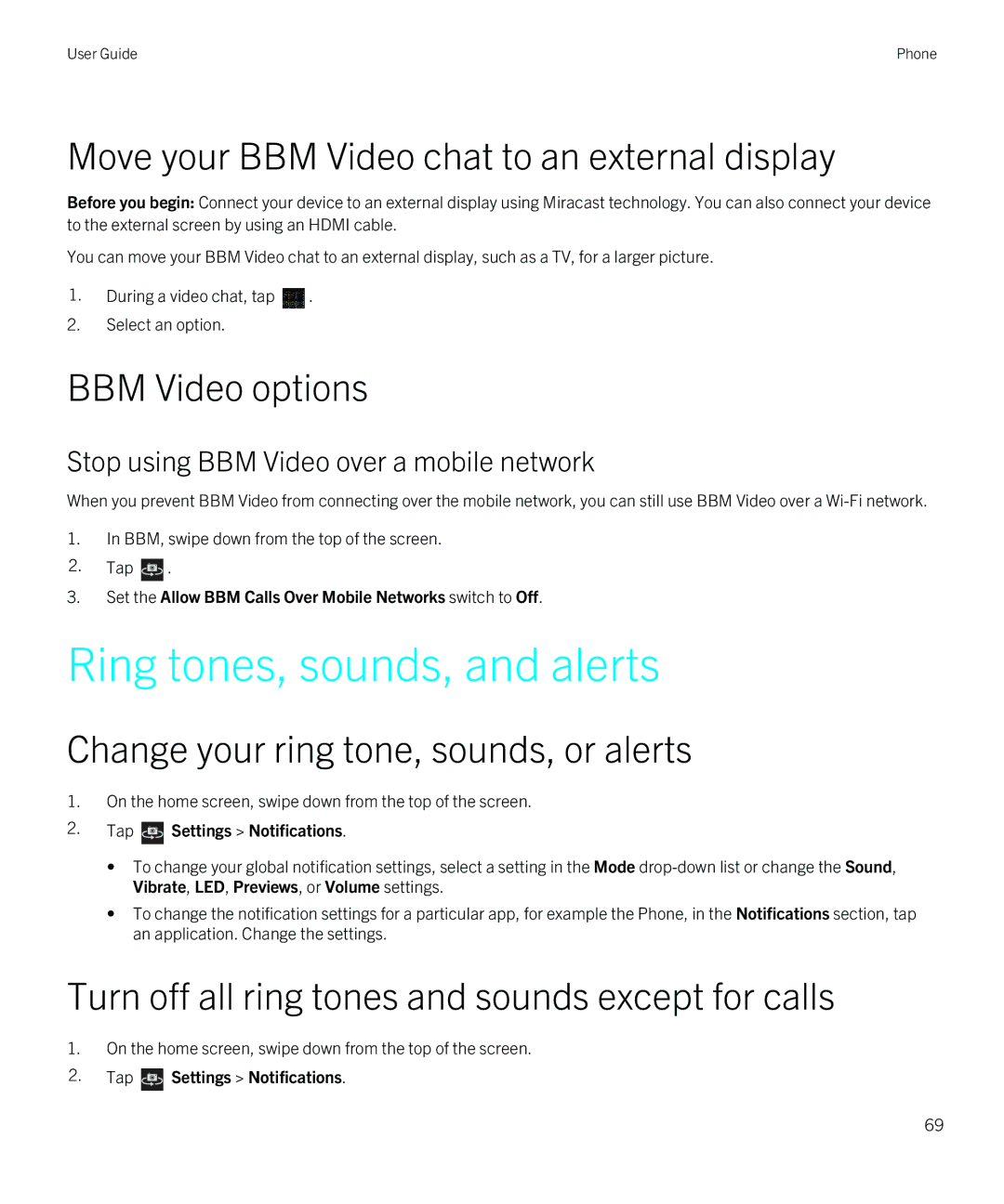 Blackberry Z30 manual Ring tones, sounds, and alerts, Move your BBM Video chat to an external display, BBM Video options 